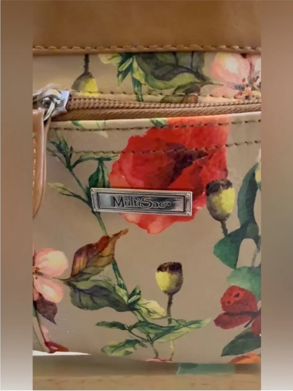 Floral Mini Backpack with Tan Trim - Beige Multicolor